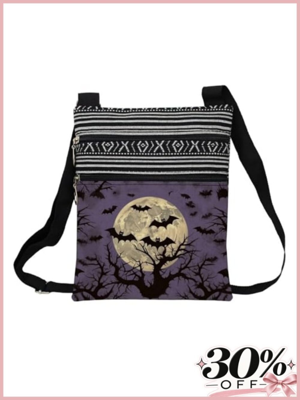Women's Small Ethnic Crossbody Bag with Bat Print, Adjustable Strap, Zipper